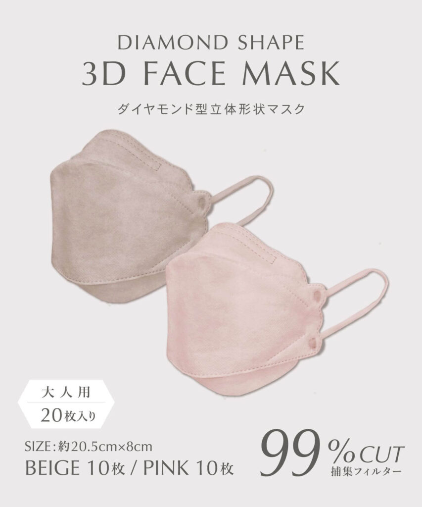 「ダイヤモンド型立体形状マスク（20枚入り）ベージュ10枚 / ピンク10枚」商品画像