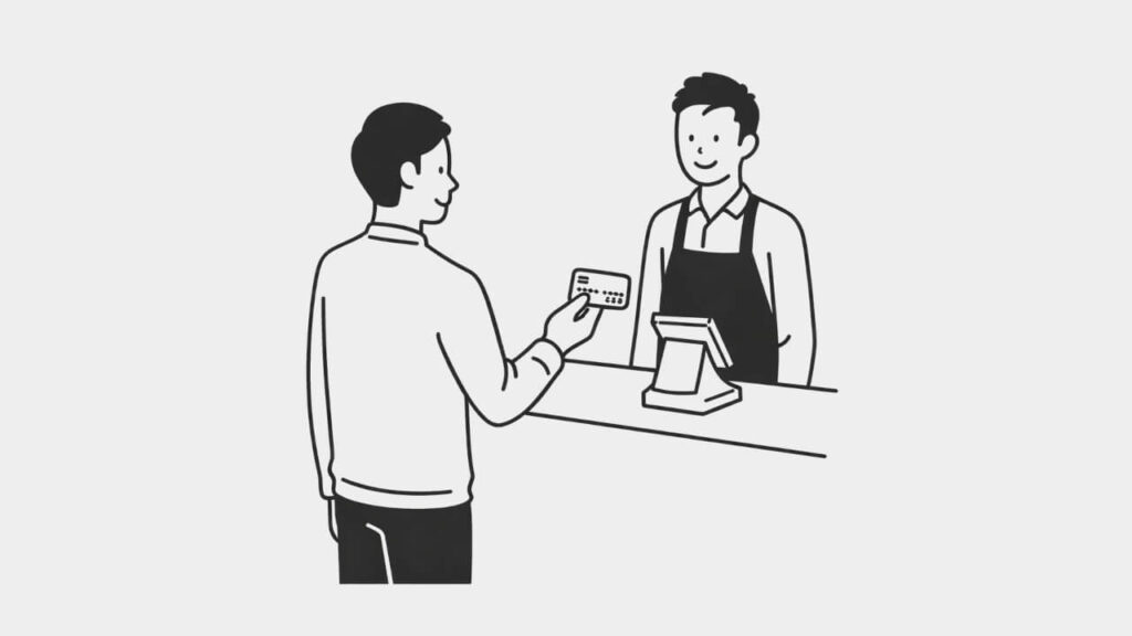 レジでクレジットカードを提示して支払う様子のイラスト
