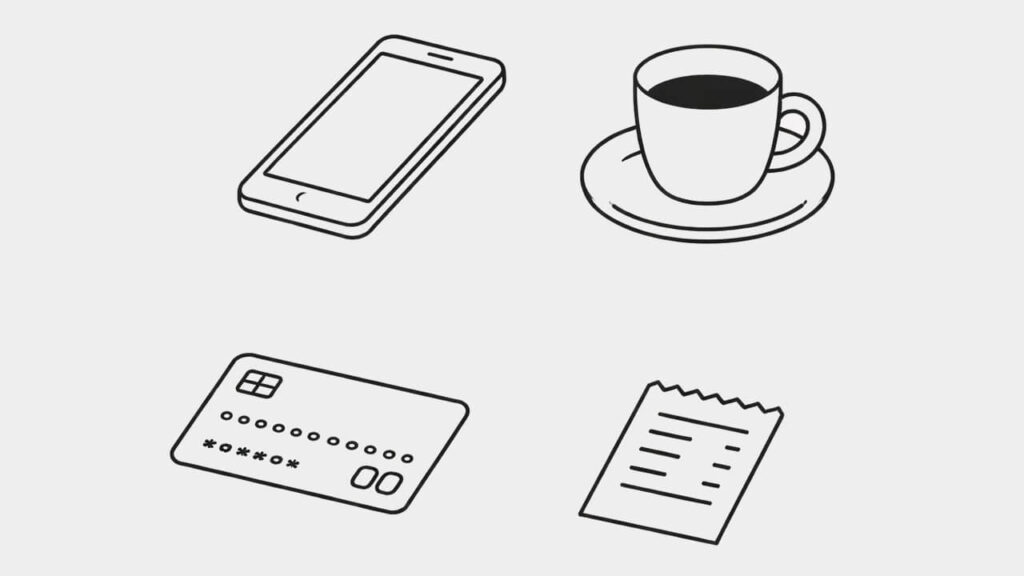 スマートフォンとコーヒー、クレジットカード、レシートのシンプルなイラスト