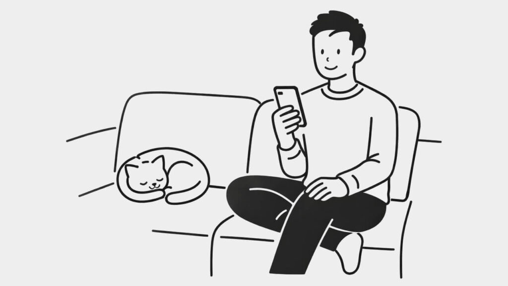 ソファに座ってスマホを見る男性のイラスト